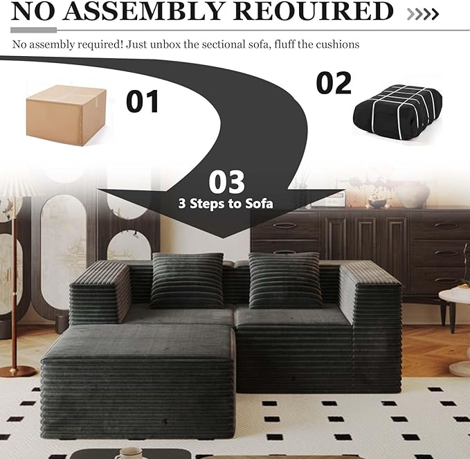 78” Cloud Loveseat Sofa with 2 Cushions Boneless Couches for Living Room Bedroom Small Space Corduroy Sofa in a Box Compressed Memory Foam No Assembly (Grey 78” L-Shaped)