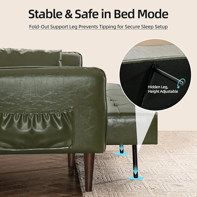 Futon Sofa Bed Sleeper Sofa Small Couch with Storage Adjustable Armrests Pillows Faux Leather Loveseat Mid Century Modern Couches for Living Room Bedroom Apartment Olive Green