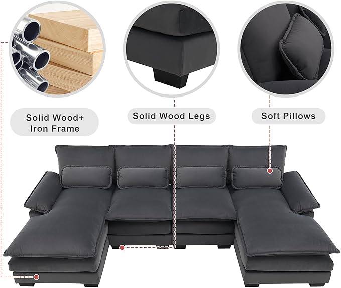 Modern U-Shaped Sectional Sofa with Waist Pillows6-seat Upholstered Sleeper Sofa Couch with Chaise Loungefor Living Room Office Apartment (Gray@Velvet)