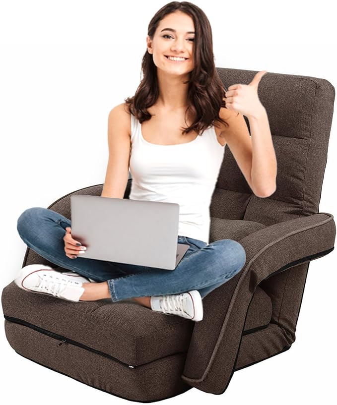 FLOGUOR 42-Position Adjustable Floor Chair Chaise Lounge Indoor Folding Lazy Sofa with Armrests and a Pillow Padded Adults Gaming Chairs for Living Room Bedroom Factory Price 8803XM (Brown)