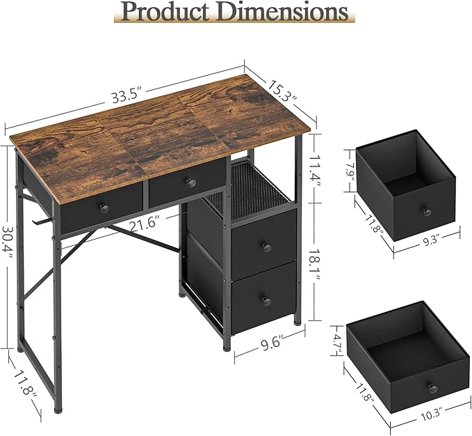 Small Computer Desk with 4 Fabric Drawers Simple Writing Desk for Home Office Compact Study Desks for Small Spaces Kids Desk Study for Bedroom Rustic Brown