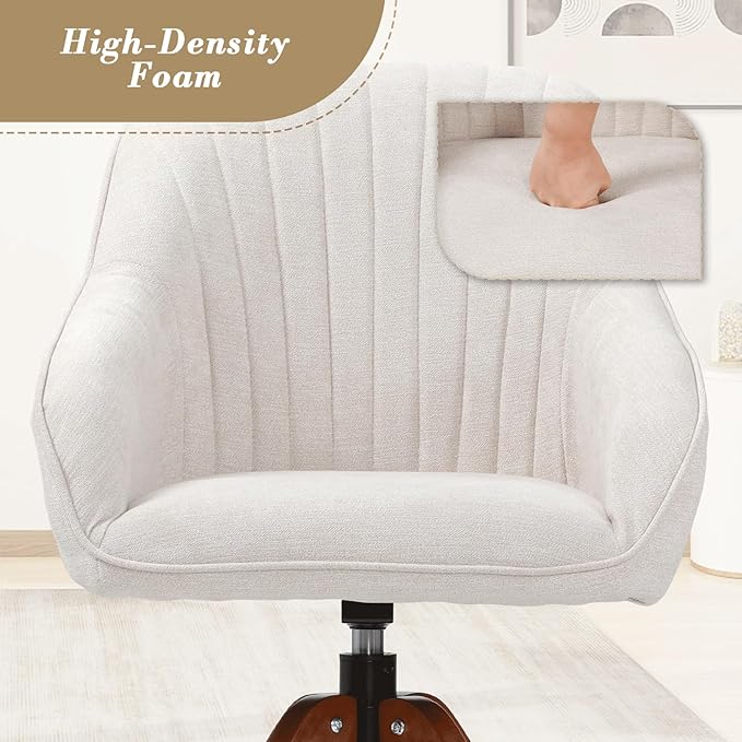 Athena Collection Modern Accent Chair Comfy Swivel Reading Chair for Adults Soft Upholstered Fabric Armchair with Wooden Legs for Living Room Bedroom Dorm Office White