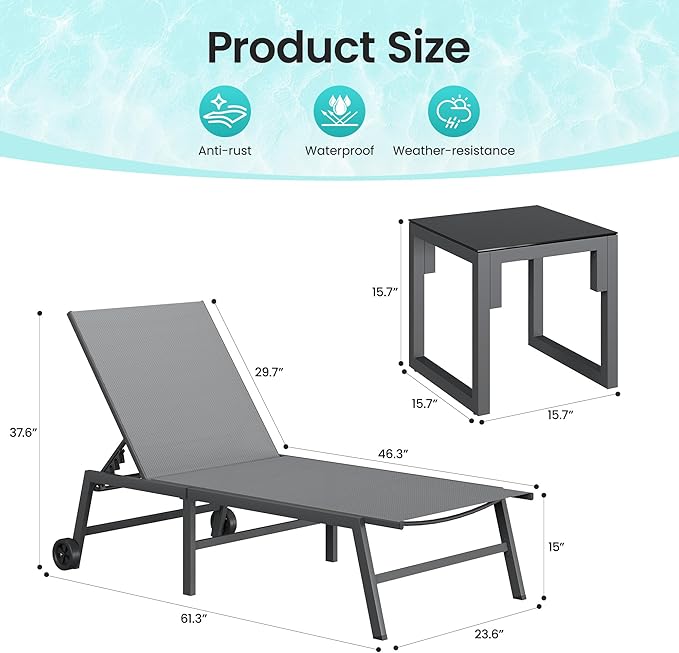 Amopatio 3 Piece Patio Lounge Chairs Set 2 Pool Chaise Lounges with Wheels and 1 Side Table 5-Position Adjustable Lounge Furniture with Heavy-Duty Steel for Backyard Poolside400 LBS CapacityGray