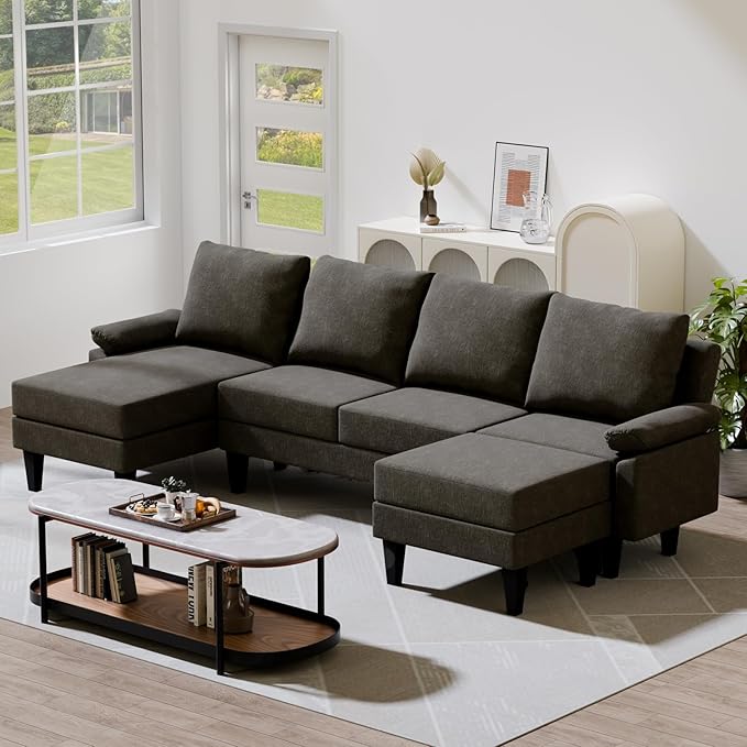 115 Modular Sectional Sofa U Shaped Sectional Comfy Couch for Living Room Convertible Modular Sofa Couch with Ottomans and Chaise High Supportive &amp Soft Sponge 6 Seats Brown