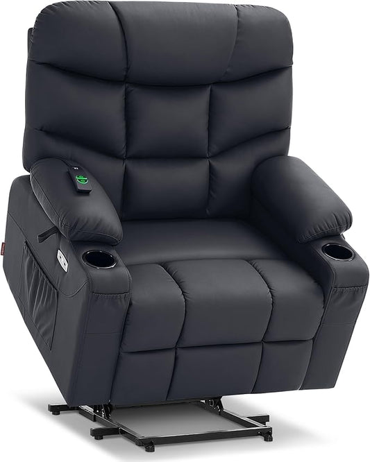 MCombo Oversized Power Lift Recliner Chair with Extended Footrest Extra Wide for Big and Tall Elderly People Faux Leather R7289 (Black Medium-Oversize)