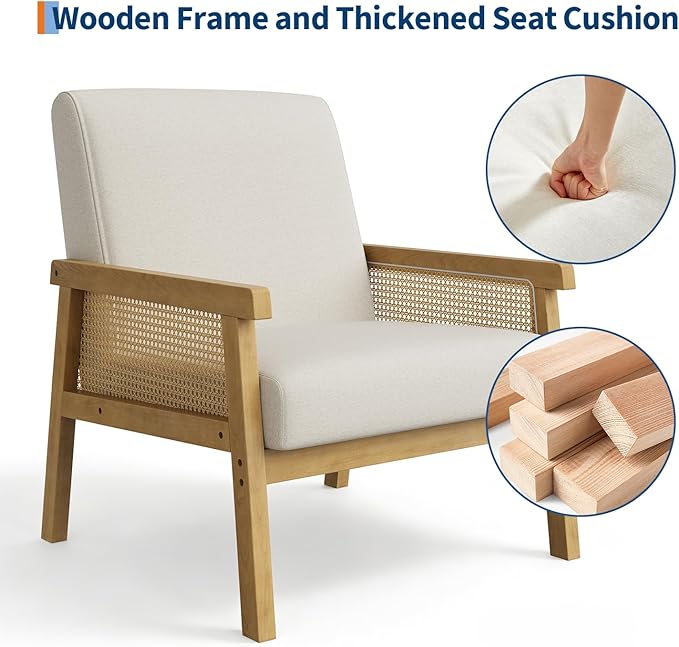 IDEALHOUSE Rattan Accent Chair Linen Armchair Upholstered Reading Chair with Wooden Frame and High Back Leisure Chairs for Living Room Bedroom Waiting Room Reception Beige