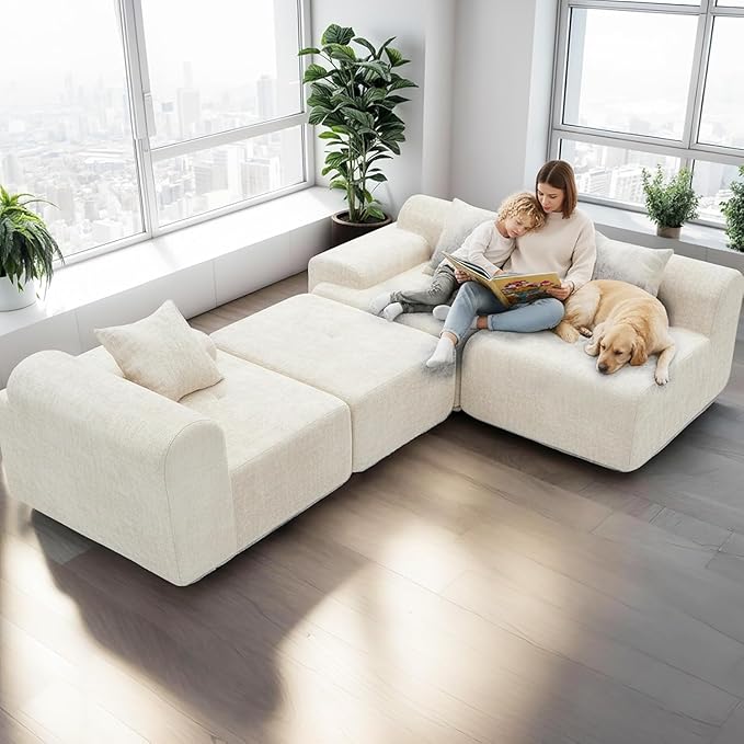 119’’ Modular Compression Sofa L-Shaped Cloud Sectional Couch with Chaise &amp Deep Seating Modern Upholstered Living Room Couch with Removable Pillows Easy Expand Design Beige Chenille Fabric