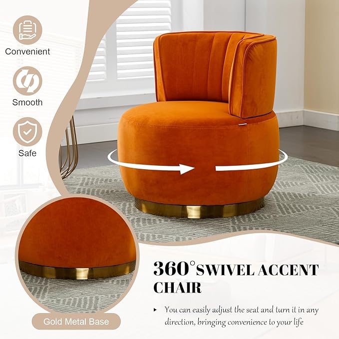 360 Degree Swivel Accent Chair Comfy Round Swivel Barrel Chair with Mental Base Upholstered Cozy Reading Armchairs Modern Lounge Sofa Chairs for Living Room Bedroom Club Office(Velvet Orange)