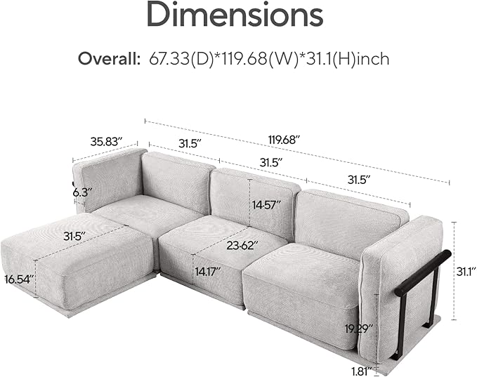 120 Modular Sectional Sofa with Ottoman L Shaped Chenille Fabric Couch with External Metal Frame Stable &amp Firm Modern Sofa for Living Room