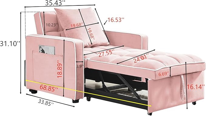 3-in-1 Futon Couch Sofa Bed Chair Convertible Sleeper Sofa with Pull-Out Bed Folding Sofa Bed with Reclining Backrest and Side Pocket Sofa Recliner Single Bed Adult Modern Chair Bed Berth (Pink)