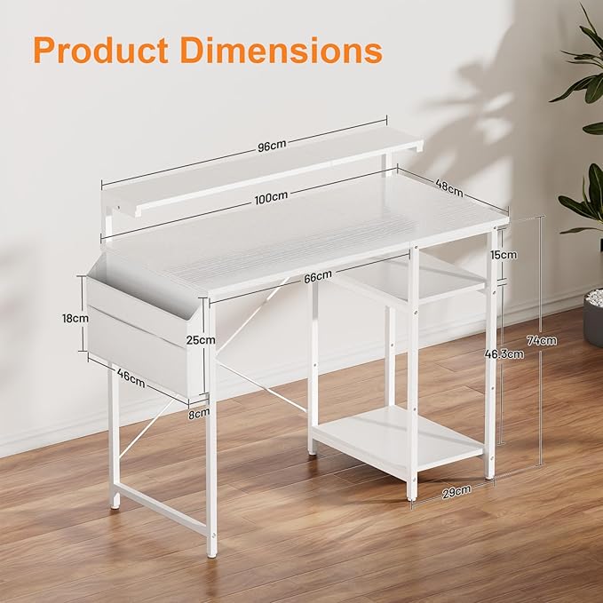 HLDIRECT Computer Desk with LED Lights 40Inch Gaming Desk with Monitor Stand &amp Side Storage Shelves Writing Study Table with Storage Bag for Home Office and Bedroom White