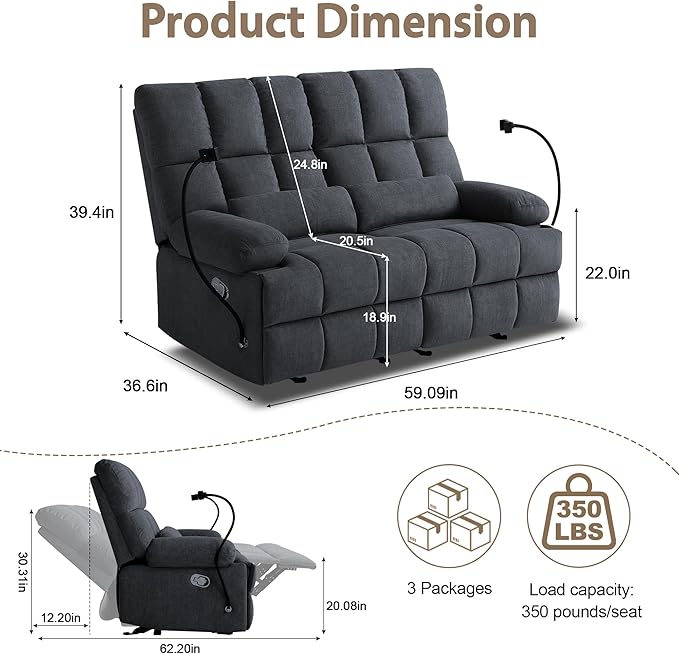 Rocker Recliner-Loveseat Recliner SofaCat-Proof Reclining Loveseat with Phone Holder RV Douber Recliner Sofa for Home TheaterLiving Room (Gray-2 Seater) | Rocker Recliner Phone Holder