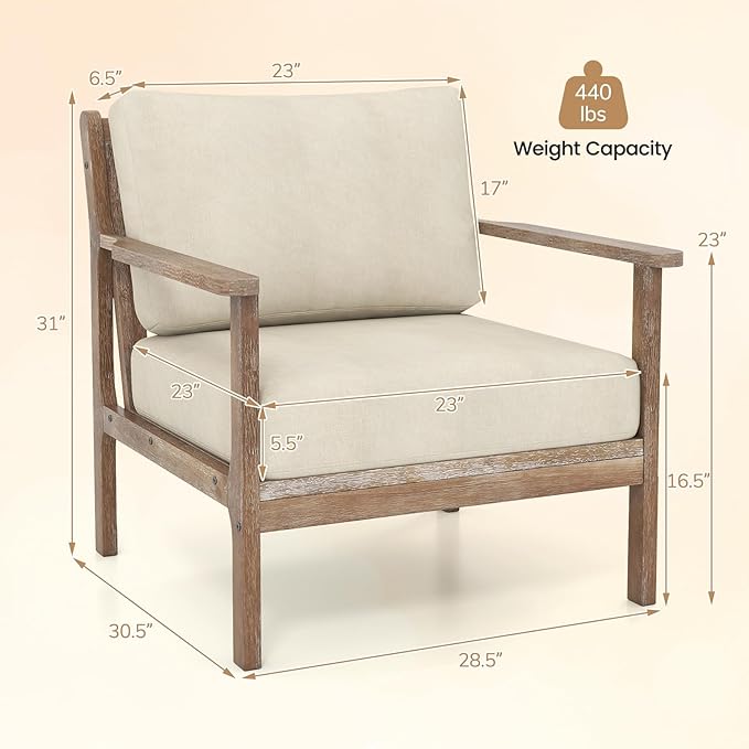 GOFLAME Mid-Century Modern Accent Chair Upholstered Armchair with Solid Wood Frame Linen Fabric Comfy Reading Chair Farmhouse Leisure Chair for Living Room Bedroom Sunroom Hosting Room