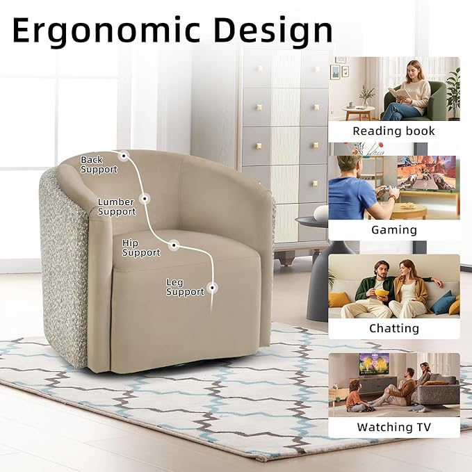 CANMOV Swivel Accent Chair 360° Swivel Barrel Chair with Armrest Modern Round Armchair for Living Room Bedroom No Assembly Brown&ampWhite