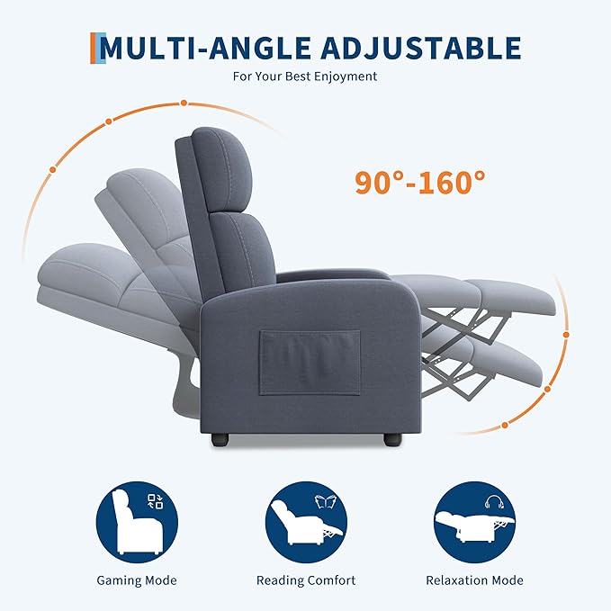 GarveeHome Linen Fabric Manual Recliner Chair with Side Pocket High Backrest Thick Cushion Adjustable Push Back ReclinerCozy Lounge Chair for Living Room Home Theater Bedroom Dark Gray