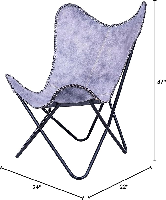 Shy Shy Let's Touch The Sky Leather Chair Living Room Chairs- Grey Leather Butterfly Arm Chair -Handmade with Powder Coated Folding Iron Frame (Vintage Cover with Frame) (Grey+Black)