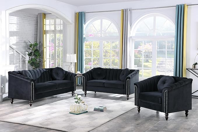 Chesterfield Sofa Set Luxurious Velvet Chesterfield Settee Couch Set with Sofa Loveseat ChairUpholstered Rolled Arm with Rivets/5 Button Tufted Pillow Modern Sofa Living Room SetBlack