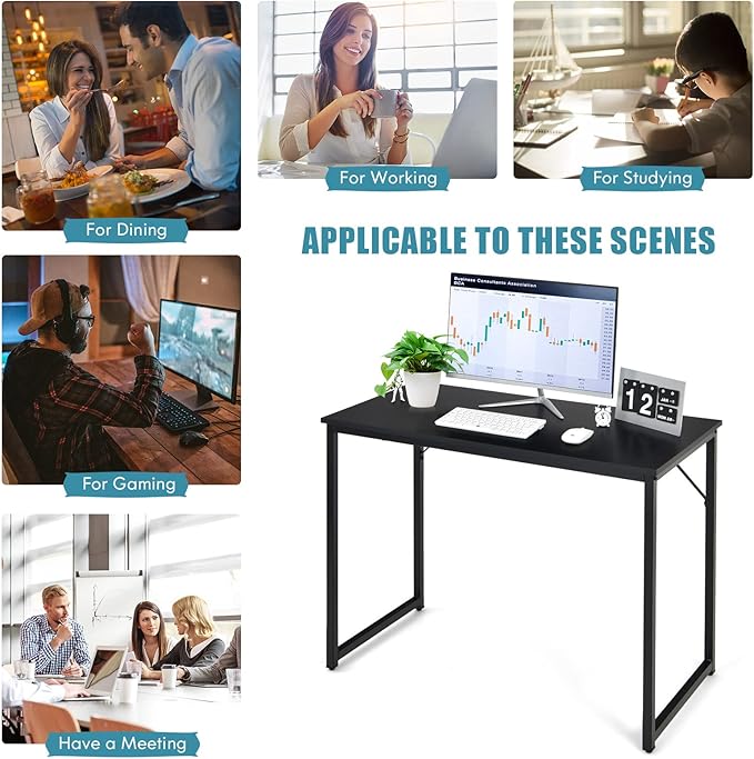 COSTWAY Home Office Computer Desk 40 inch Modern Simple Writing Study Desk Metal Frame Gaming Desk Laptop PC Workstation for Living Room Bedroom &amp Study (Black)