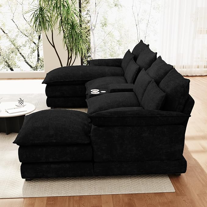 OUYESSIR 135 U Shaped Sectional Cloud CouchBlack Sectional Couches for Living RoomComfy Fluffy Chenille Oversized Cloud CouchModular Sectional Sofa with Central Console &amp Double Chaise Lounge