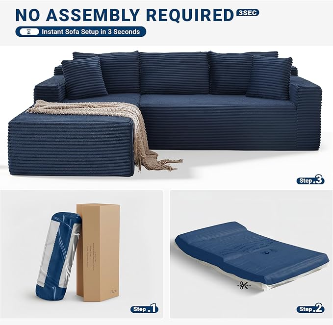 Sectional Couch with L-Shape Chaise 103 Modular Sectional Sofa with Deep Seat Modern Corduroy Couch Lazy Compression Sofa for Living Room No Assembly Required Left Facing Chaise Blue