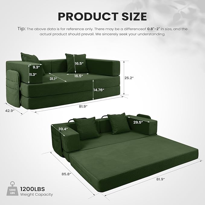 5‑in‑1 Futon Sofa Bed Queen– Floor Foldable Convertible Sofa Couch with L‑Shaped Armrests Removable Cover Green Convertible Guest Bed | Space‑Saving Fold‑Out Mattress Lounge for Living Room/Bedroom
