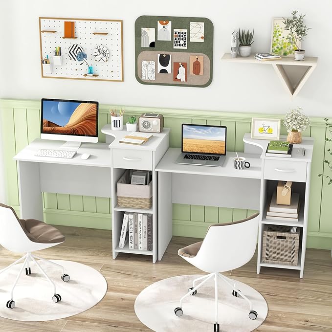 Giantex Computer Desk with Storage Modern PC Laptop Table with 5-Position Adjustable Shelf Drawer &amp Cable Hole Compact Study Writing Desk Workstation for Small Spaces Home Office White