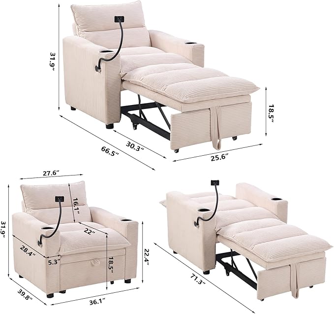 EBELLO Convertible Small Sleeper Sofa Chair 3-in-1 Corduroy Futon Sofa Bed 1 Seater Couch Daybed with Charging Ports Phone Cup Holders Adjustable Backrest for Small Living Room Beige