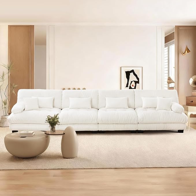 Beige Chenille Sectional Couch-173.3 Oversized 4-Seater Cloud Sofa with Pillow High-Density Sponge Filling Lounge Couches for Living RoomApartment