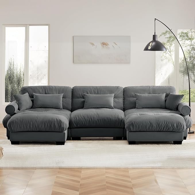 130 Large Sectional Couches for Living Room Cloud Modern Modular Deep Seat Sofa Set Comfy Couches with 2 Ottomans Velvet Fluffy 3 Seater Sofas for Bedroom Apartment U Shaped Grey