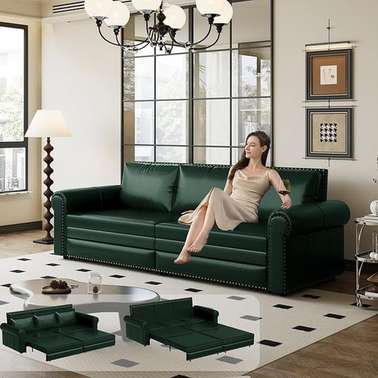 JOYBASE Pull Out Sofa Bed King-Size Convertible Sleeper Sofa Modern 3-Seater Faux Leather Couch with Nailhead for Living Room Office Apartment (Green)