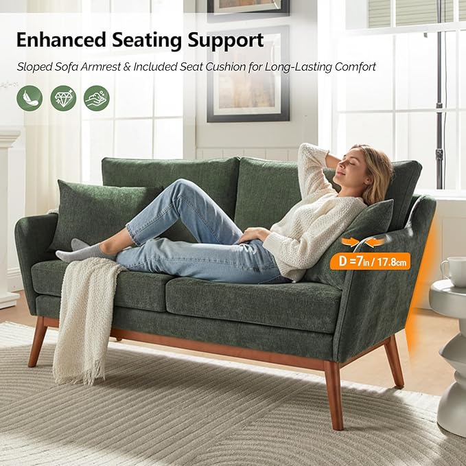 VINGLI 63.5 W Comfortable Small Upholstery Love Seat Couch with Soild Wood Frame 2 Seater Mid Century Linen Fabric Loveseat Sofa Mini Couch with Two Pillows for Small Spaces Bedroom Green