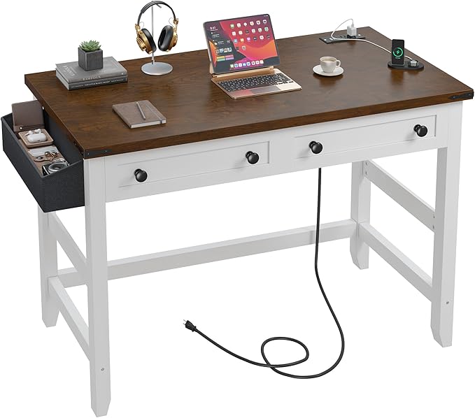 EnHomee 40 Computer Desk with Drawers Small Desk with Power Outlets for Bedroom and Home Office Writing Desk with Drawers and a Side Pocket Vanity Desks for Bedroom Brown+White