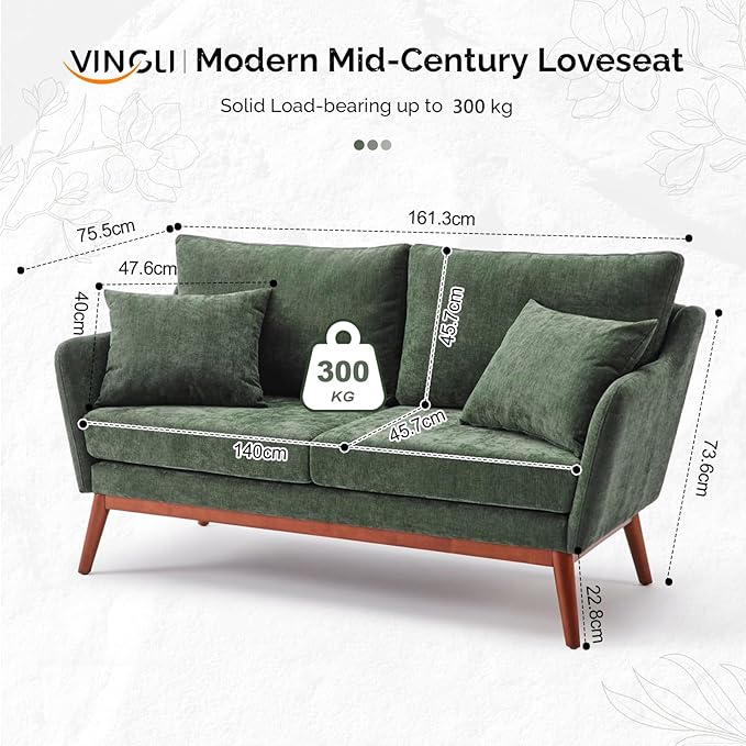 VINGLI 63.5 W Comfortable Small Upholstery Love Seat Couch with Soild Wood Frame 2 Seater Mid Century Linen Fabric Loveseat Sofa Mini Couch with Two Pillows for Small Spaces Bedroom Green
