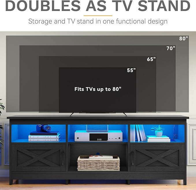 DWVO Farmhouse TV Stand with Power Outlets &amp LED Lights Entertainment Center for TVs up to 80 TV Console with Storage Cabinets &amp Open Shelves for Living Room (Black)