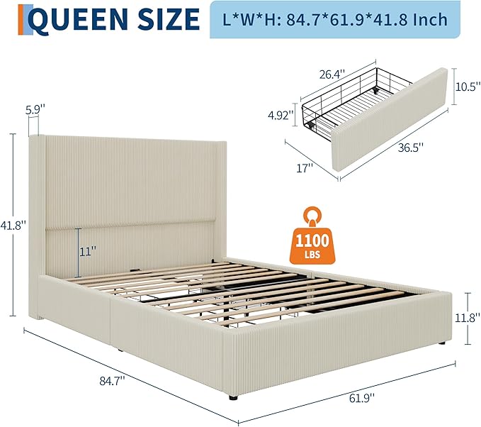 IDEALHOUSE Queen Size Upholstered Platform Bed Frame with Storage Drawers Corduroy Wingback with Tufted Headboard and Footboard No Box Spring Needed Easy Assembly Beige