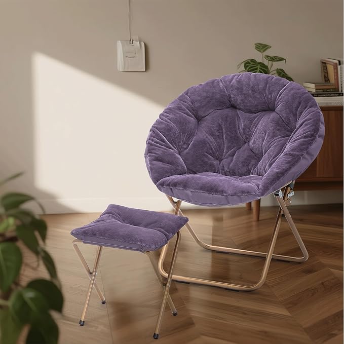 Cozy Saucer Chair Living Room Chair Faux Fur Soft Thick Padded Folding Chair Comfortable Moon Chair for Living Room Bedroom Reading Nook Modern Style 2 Pack Purple