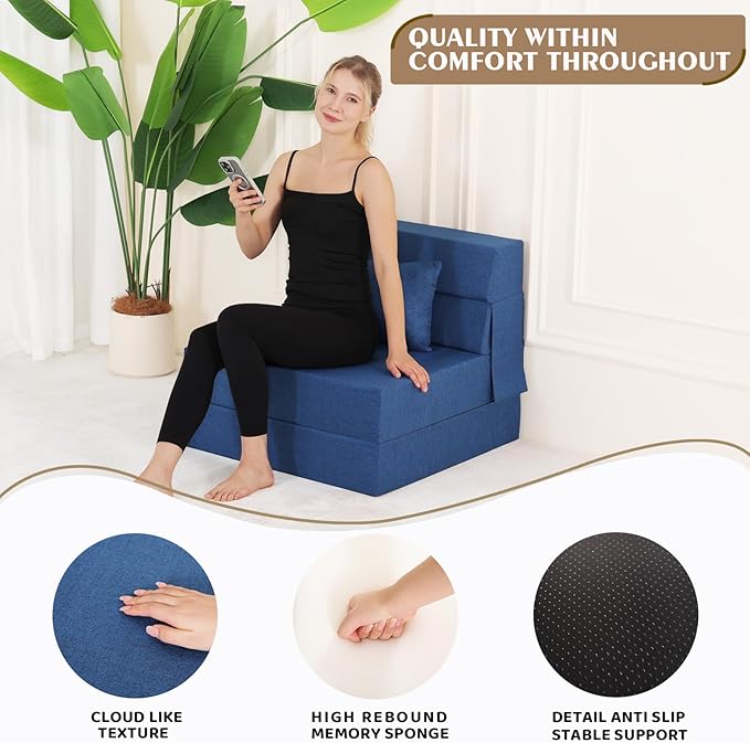 Folding Sofa Bed Foldable Sleeper Chair with Pillow Convertible Fold Out Chair Bed with Washable Cover Foldable Mattress for Living Room Bedroom Guest Room Single Size Blue