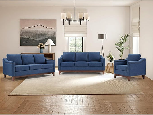Modern 3 Piece Sofa Set with Rivets Included Chenille Accent Chair and Upholstered 3-Seater Couches Set of 2 with Solid Wood Legs Living Room Furniture SetBlue
