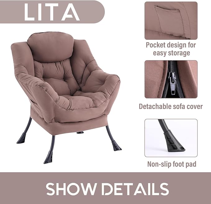 LITA Lazy Chair with Armrests and Side Pocket Modern Upholstered Accent Reading Chair for Living Room Bedroom Dorm Small Spaces Single Dark Brown