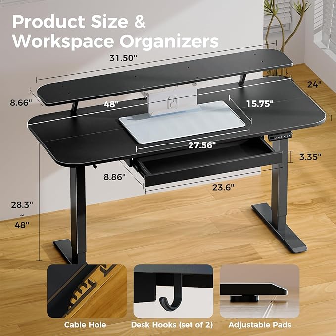 COMHOMA Electric Standing Desk with Drawers 48 x 24'' Sit Stand up Desk with Monitor Stand Laptop Stand Height Adjustable Ergonomic Home Office Computer Desk with Memory Preset Controller (Black)