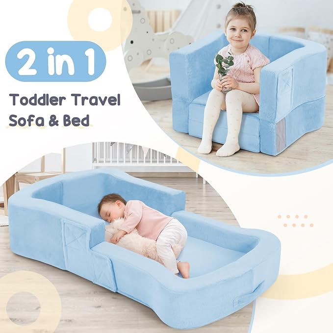 Toddler Travel Bed 2-in-1 Foldable Portable Toddler Bed Sofa Chair Soft Baby Kids Travel Floor Cot with Washable Covers Safety Foam Raised Bumper for Camping Hotel Sleeping (Blue)
