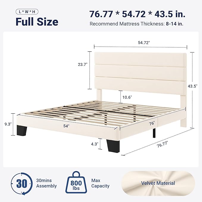 Allewie Full Size Platform Bed Frame with Velvet Upholstered Headboard and Wooden Slats Support Fully Upholstered Mattress Foundation/No Box Spring Needed/Easy Assembly Cream