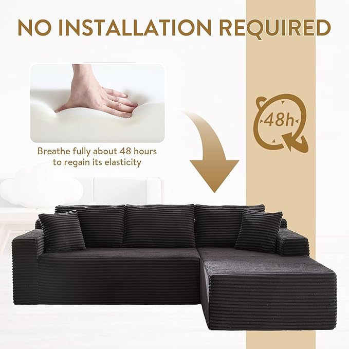 Cloud Sectional Couch with L-Shape Chaise 105 Modern Minimalist Modular Sectional Sofa Fluffy Corduroy Upholstered Couches for Living Room No Assembly Required (Dark Grey)