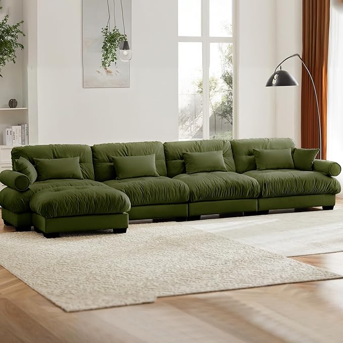 166 Oversized Couch 4 Seater Modular Sectional Sofa Olive Green Large L Shaped Sectional Couches for Living Room Fluffy Couch Set 4 Seater Velvet Cloud with Ottoman Sofas for Living Room