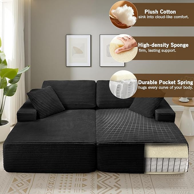 89.3” Oversized Double Chaise Lounge Indoor Black Corduroy Chaise Lounge Chair Upholstered Sleeper Sofa Bed Deep Seat Sleeper Loveseat Reading Chairs Boneless Cloud Couch for Living Room Bedroom