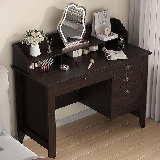 4 EVER WINNER Small Desk with Drawers Office Desk with File Drawer and Monitor Stand Writing Desk Study Table for Small Spaces Espresso