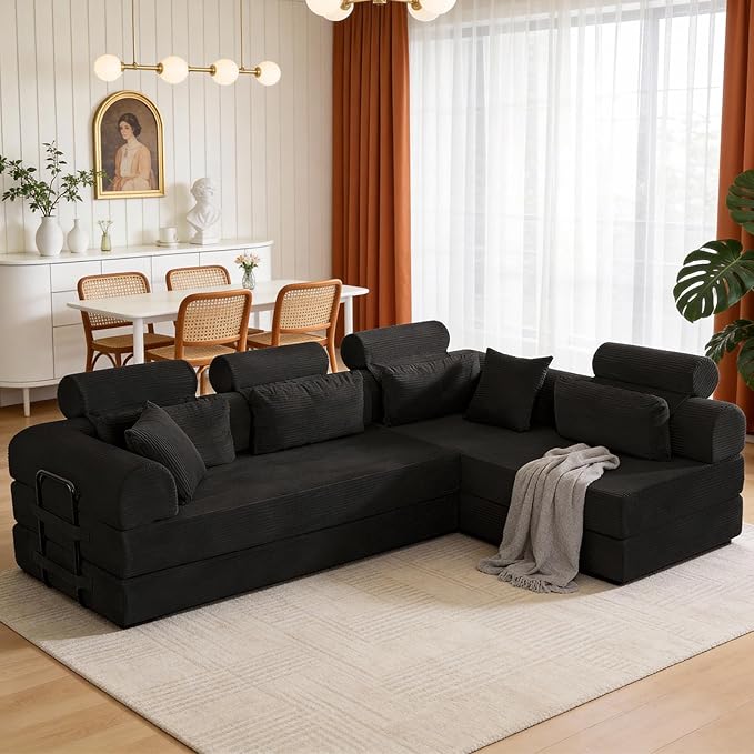 KEIKI 106 4Seat Modular Sectional Corduroy Sofa Couch for Urban Loft Bedroom Studio Family Friendly Urban Professionals Luxurious Elegant Sophisticated Refined Design Quality Design Black