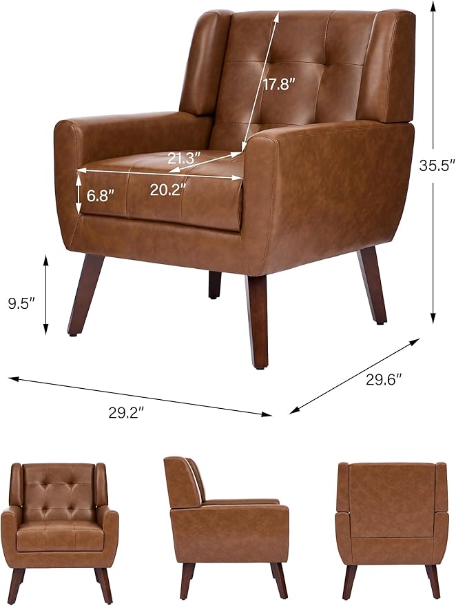 Accent Chair Comfy Mid Century Modern Small Armchairs with Solid Wood Frame and Soft Cushion for Living Room Bedroom (Faux Leather Coffee Set of 2)