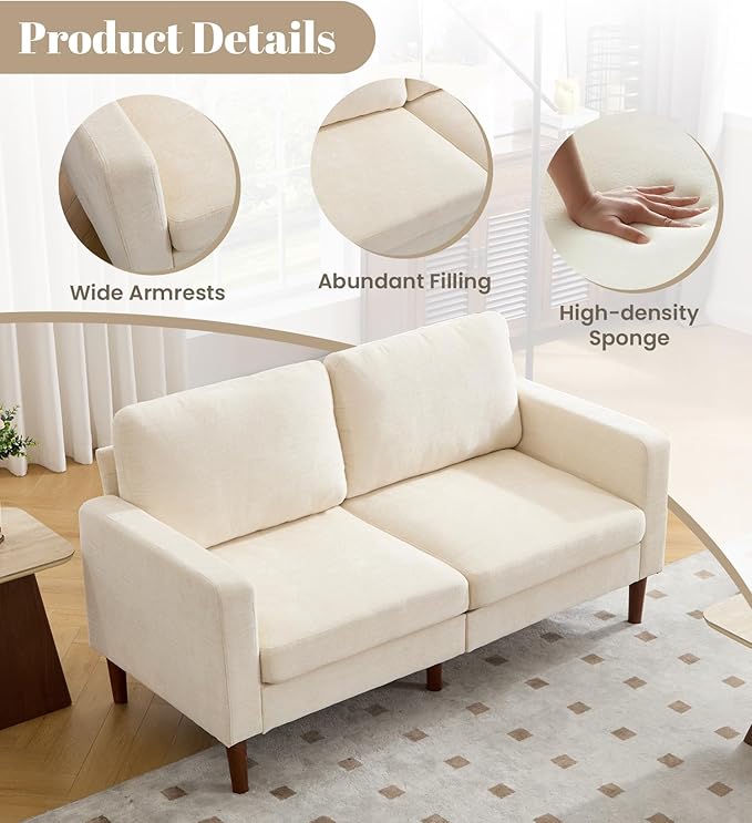 Kingfun 65 Loveseat Sofa with Chair Chenille Love Seat Couch Mid Century Modern Couch with Solid Wooden Frame for Living Room &amp Bedroom in Small Spaces Beige