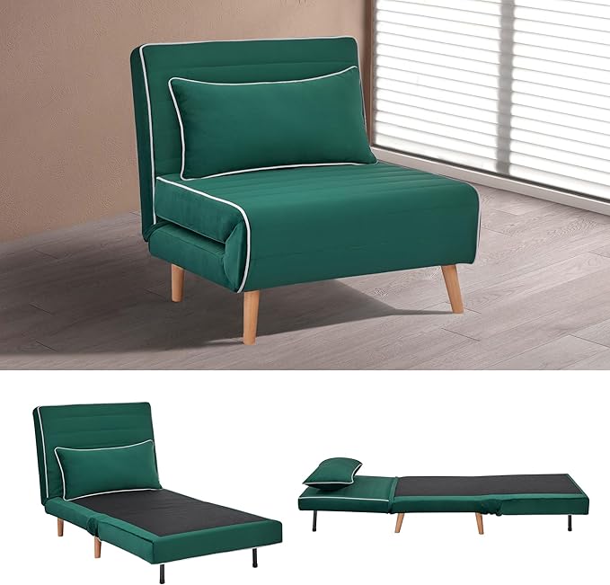 32 Convertible Sleeper Chair 3-in-1 Folding Sleeper Chair with Pillow 3-Position Adjustable Backrest for Living Room Bedroom Office Green